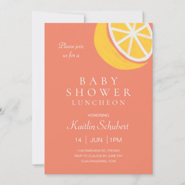 Invitación Limón lindo en Coral Baby Shower Luncheon (Anverso)