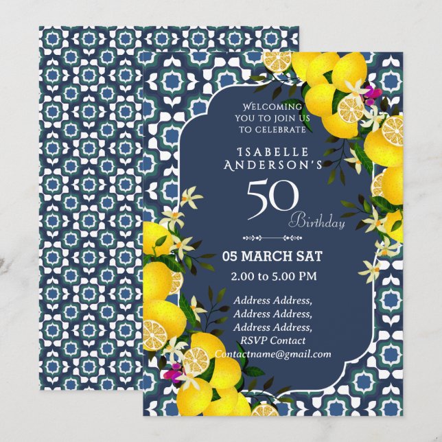 invitación Limón Mediterráneo Azul 50 (Anverso / Reverso)