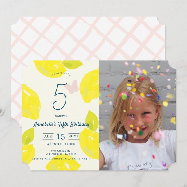 Invitación Limón pintado a mano y foto de cheque rosado Cumpl (Anverso / Reverso)