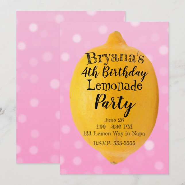 Invitación Limonada de Limón Amarillo Fiesta de Cumpleaños Ro (Anverso / Reverso)