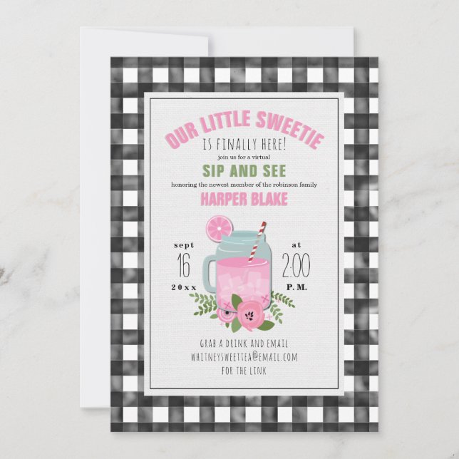 Invitación Limonada Rosa de Cuadros Bebé Niña Virtual Sip & S (Anverso)