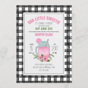 Invitación Limonada Rosa de Cuadros Bebé Niña Virtual Sip & S