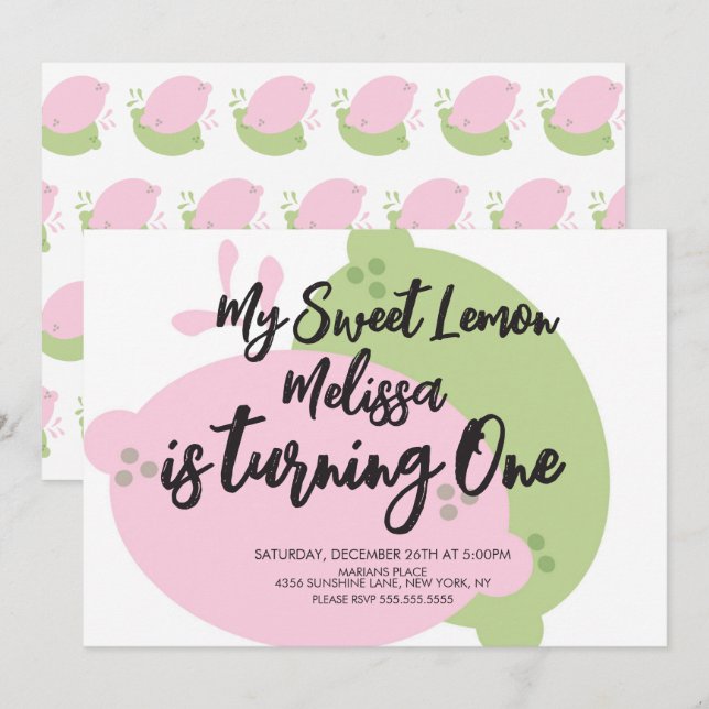 Invitación Limonada Rosa Limón Lima Fruta Primer Cumpleaños (Anverso / Reverso)