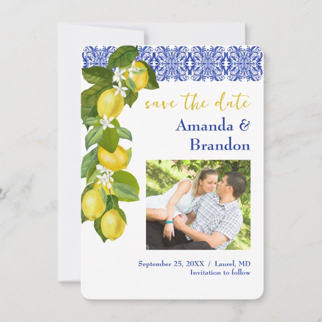 Invitación Limone I Lemon Italiano & Blue Tile Guardar la fec (Anverso)