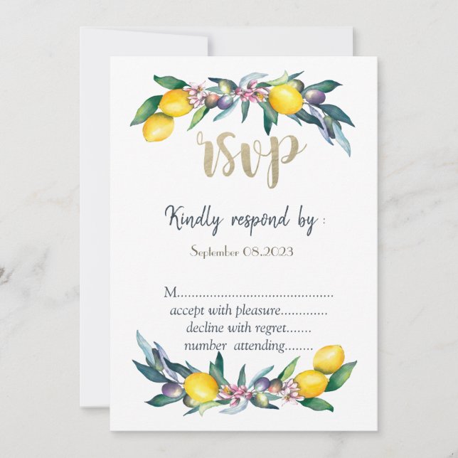 Invitación Limones acuarela aceitunas RSVP  (Anverso)
