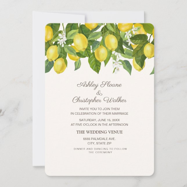 Invitación Limones Amarillos Boda Blanca (Anverso)