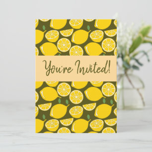 Invitación Limones Amarillos y Patrón Verde Oliva: Citrus Mod