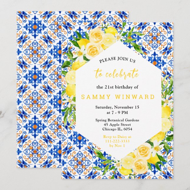 Invitación Limones con Follaje Cumpleaños Mediterráneo (Anverso / Reverso)