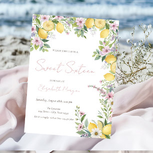 Invitación Limones Flores Lazo Rosado Rayas Dulces 16