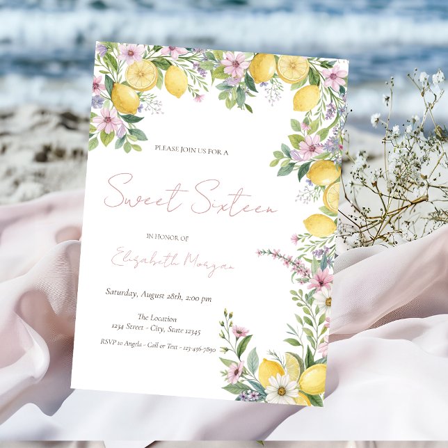 Invitación Limones Flores Lazo Rosado Rayas Dulces 16 (Subido por el creador)