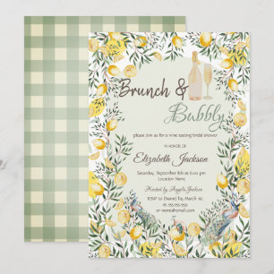 Invitación Limones Pavo Real Verde Brunch a cuadros y burbuja