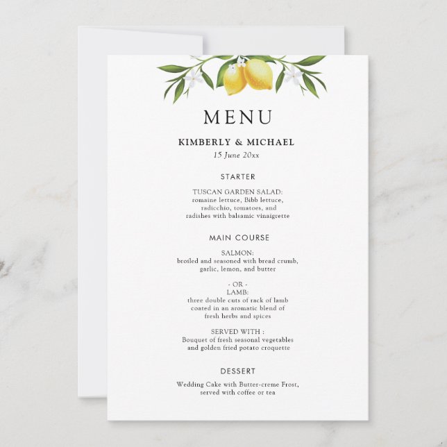 Invitación Limones pintados menú de boda con follaje verde (Anverso)