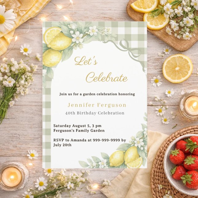 Invitación Limones verde salvia gingham cumpleaños jardín de  (Subido por el creador)