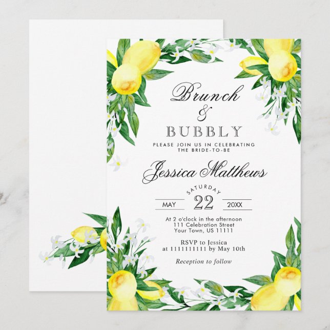 Invitación Limones Verdor Floración Brunch y Burbujeante (Anverso / Reverso)