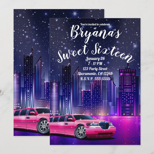 Invitación Limosina Limo Rosa Ciudad Dulces 16 Cumpleaños Fot (Anverso / Reverso)