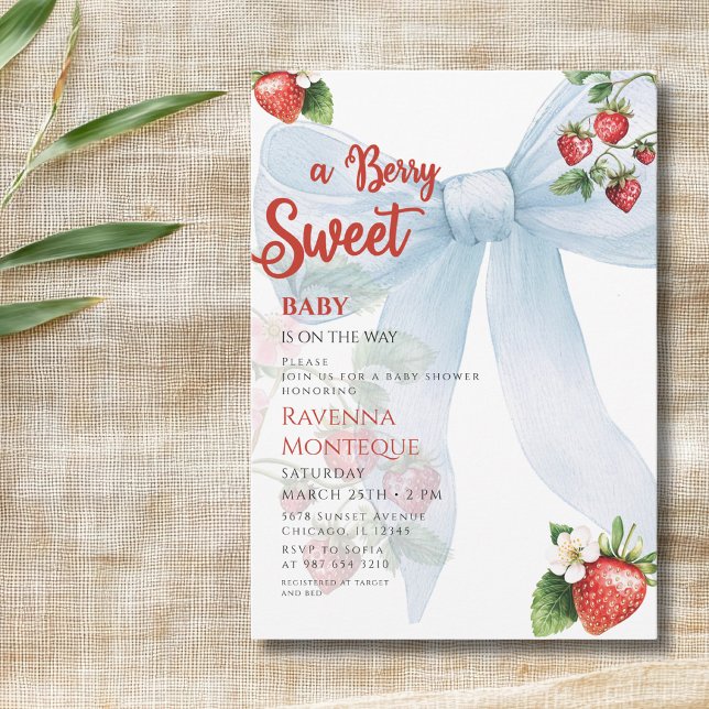 Invitación Limpia Fresa Dulce Arco Azul Cumpleaños de Bebé (Subido por el creador)
