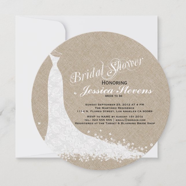 Invitación Linaje Beige Y Vestido Boda De Lace Blanco (Anverso)