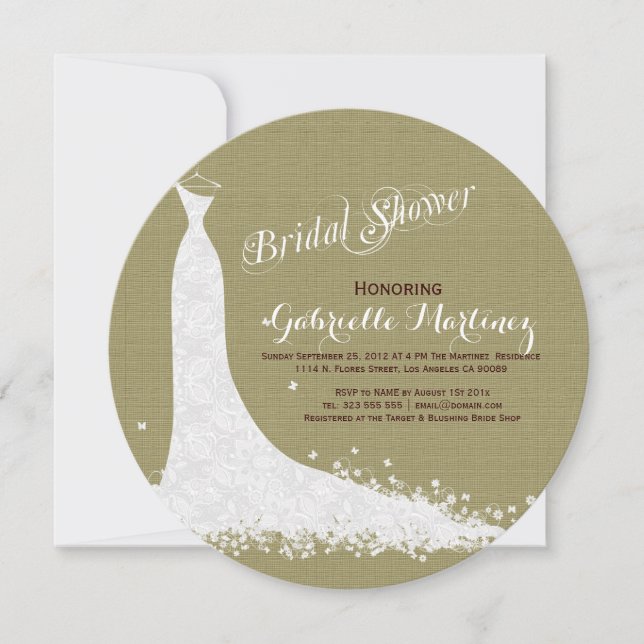 Invitación Linaje Beige Y Vestido Boda De Lace Blanco (Anverso)