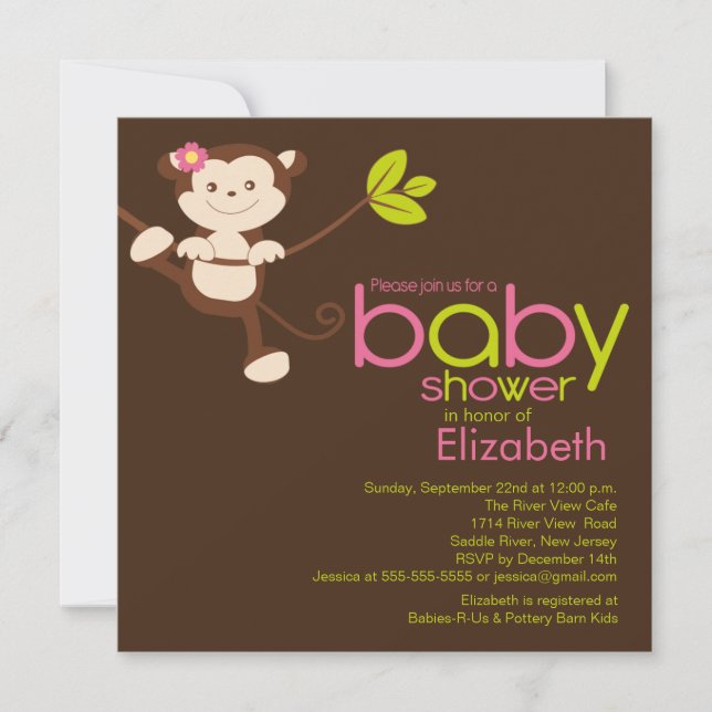 Invitación linda de Baby Shower del chica del mono (Anverso)