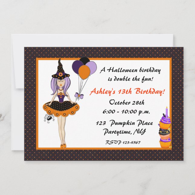 Invitación linda del cumpleaños de la bruja de (Anverso)