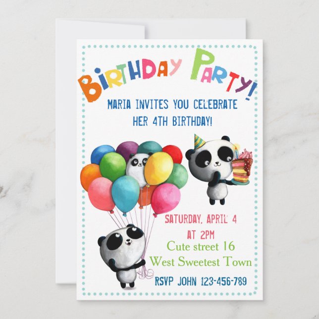 Invitación linda del cumpleaños de la panda (Anverso)