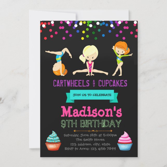 Invitación linda del cumpleaños de los cartwheels (Anverso)