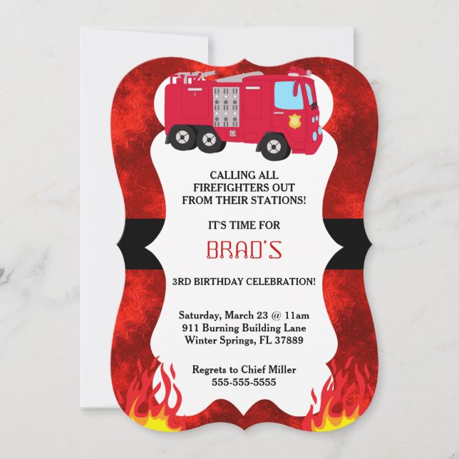 Invitación linda del cumpleaños del bombero del (Anverso)