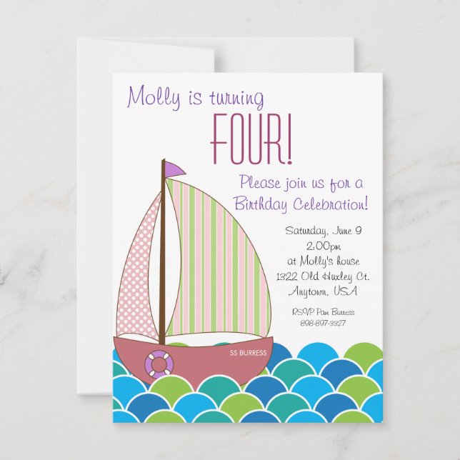 Invitación linda del cumpleaños del velero - chica (Anverso)