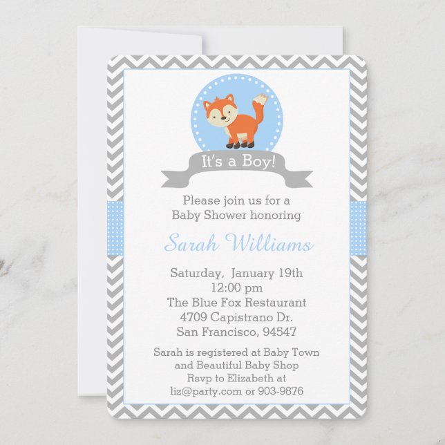 Invitación linda del Fox Baby Shower en azul y (Anverso)