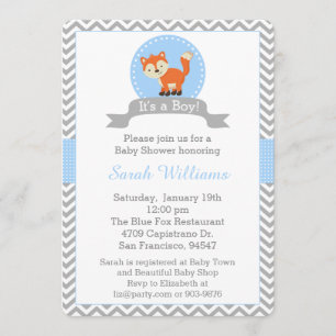 Invitación linda del Fox Baby Shower en azul y