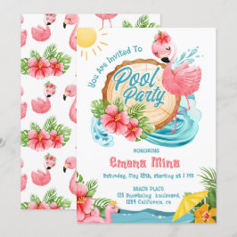 Invitación linda fiesta junto a la piscina con flamencos rosa