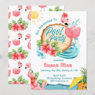Invitación linda fiesta junto a la piscina con flamencos rosa