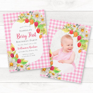 Invitación Linda Fresa de Frambuesa Primera Cumpleaños Agrega