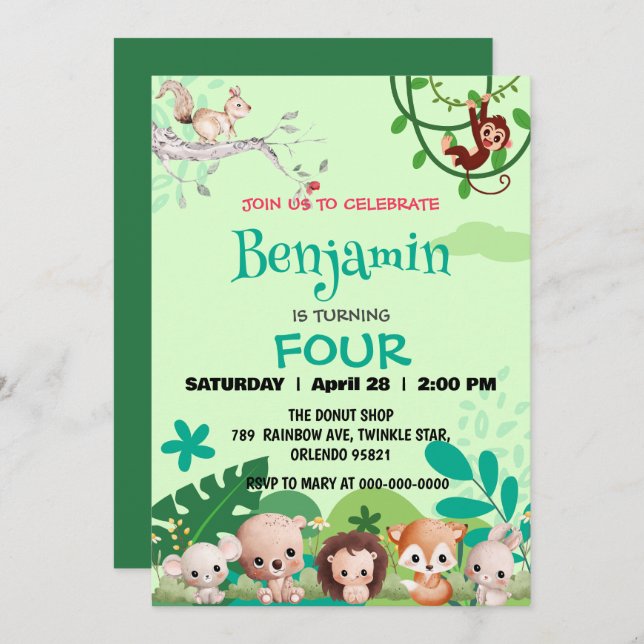 Invitación linda jungla de animales del zoológico de safari s (Anverso / Reverso)