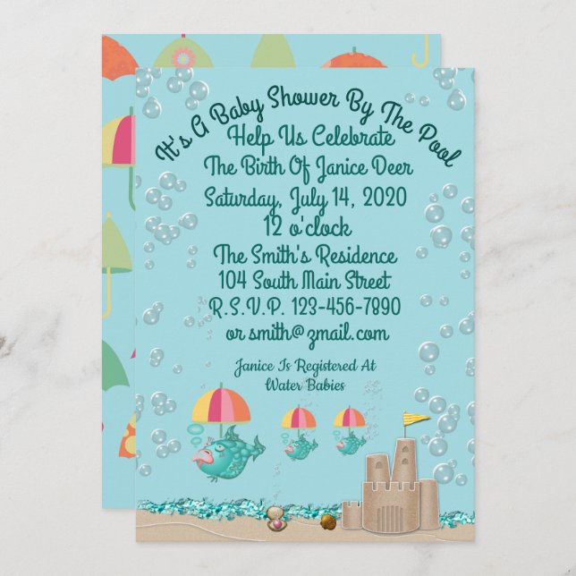 Invitación linda para Baby Shower por la piscina (Anverso / Reverso)