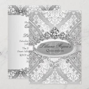 Invitación Linda Tiara de Damasco de Plata Quinceañera