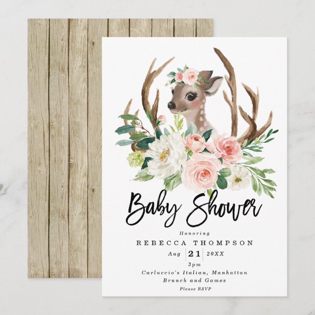 Invitación linda venado rústico floral moderna ducha de bebé (Anverso / Reverso)