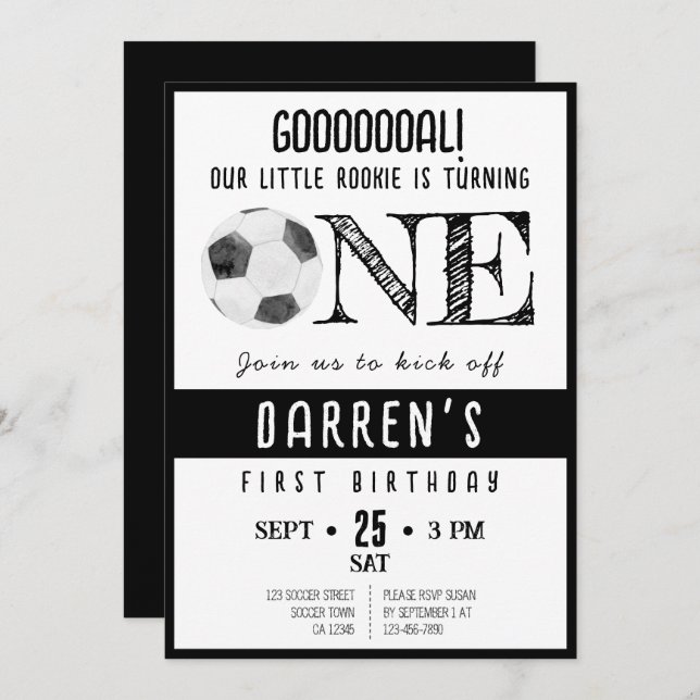 Invitación Lindo Aquarela Novato Fútbol Negro Cumpleaños 1er (Anverso / Reverso)