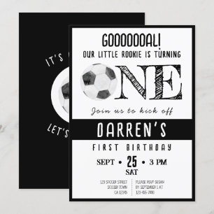 Invitación Lindo Aquarela Novato Fútbol Negro Cumpleaños 1er