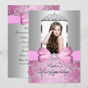 Invitación Lindo Arco de Plata Rosa y Tiara Quinceañera