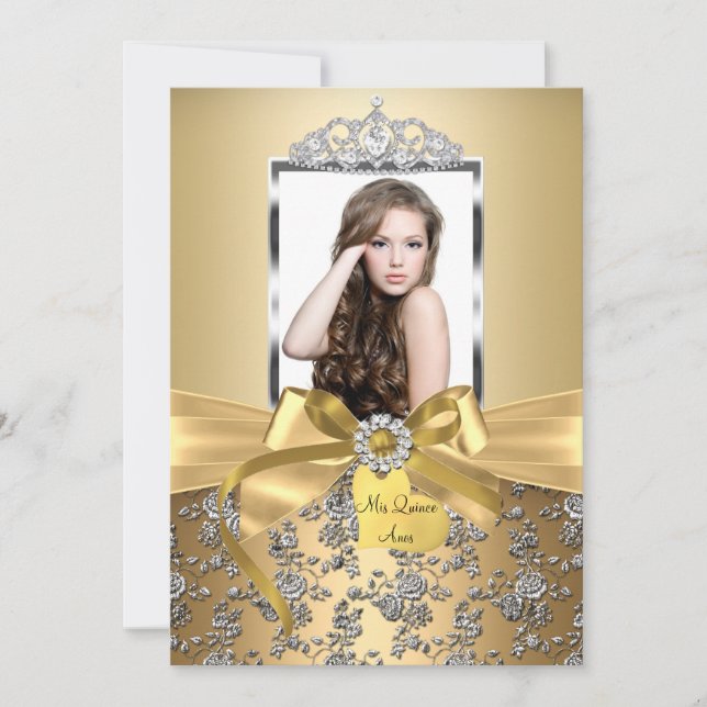 Invitación Lindo Arco Dorado y Rosa de Plata Foto Quinceañera (Anverso)