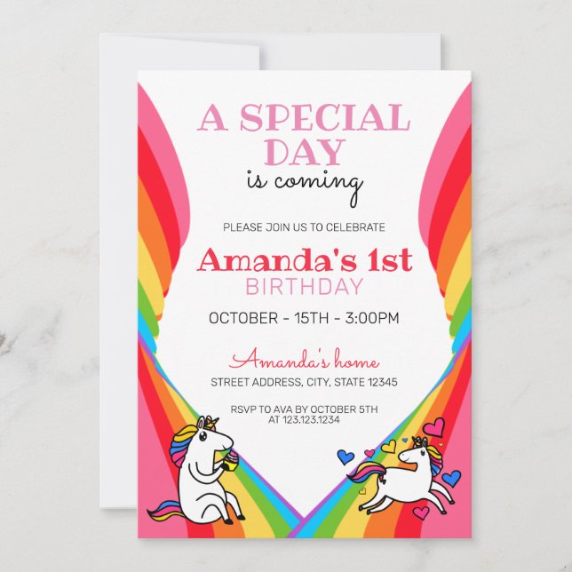 Invitación Lindo arcoiris unicornio 1er cumpleaños (Anverso)