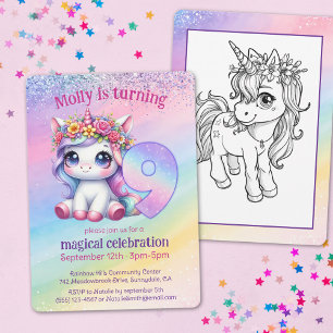 Invitación Lindo arcoiris Unicornio 9 cumpleaños mágico
