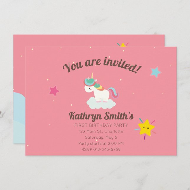 Invitación Lindo arcoiris Unicornio con estrellas. Cumpleaños (Anverso / Reverso)