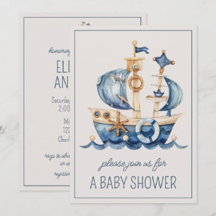 Invitación Lindo barco de vela azul náutico personalizado