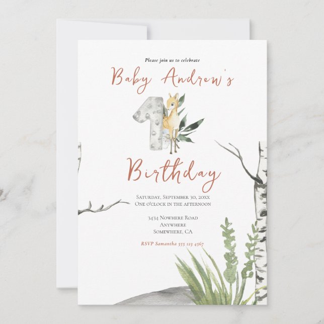 Invitación Lindo bebé ciervo marrón Acuarela cumpleaños 1 (Anverso)