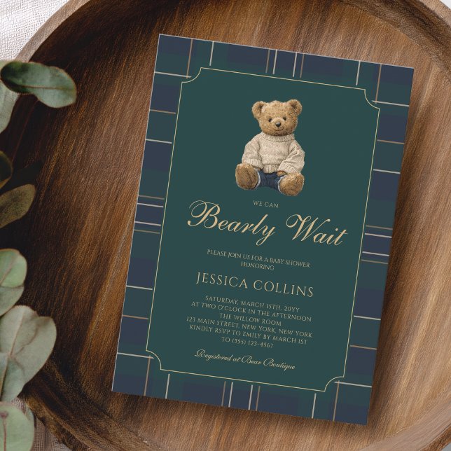 Invitación Lindo cachorro azul verde apenas podemos esperar f (Cute Cub Blue Green We Can Bearly Wait Baby Shower Invitation)