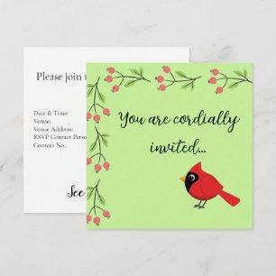 Invitación Lindo Cardenal Rojo de Dibujos Animados con Flores