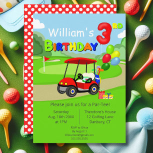 Invitación Lindo carrito de golf rojo cumpleaños 3 niño