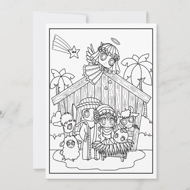 Invitación lindo chibi manga Natividad Razón de la escena par (Anverso)